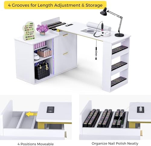 Kikihouse L-Shaped Manicure Table with Dust Collector, Outlet & LED Light - Image 5