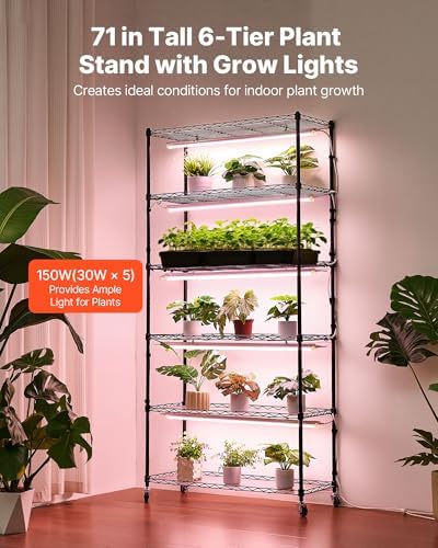 VEVOR Plant Shelf with Grow Light, 6-Tier Indoor Plant Stand, 71in Tall Indoor Plants Display Rack with Wheels & Timer, 150W 3800K Full Spectrum Grow Lights, Metal Flower Pot Holder for Seed Starting - Image 2