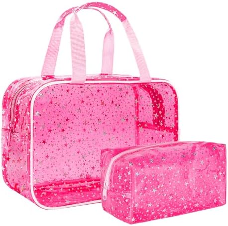 2PCS Clear Star Print Waterproof Makeup Bag, Lagre PVC Cosmetic Pouch with Zipper, Travel Toiletry Organizer for Women, Small Personal Item for Travel, Business Trip, Gym & Daily Use (Red) by junesters