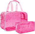 2PCS Clear Star Print Waterproof Makeup Bag, Lagre PVC Cosmetic Pouch with Zipper, Travel Toiletry Organizer for Women, Small Personal Item for Travel, Business Trip, Gym & Daily Use (Red) by junesters