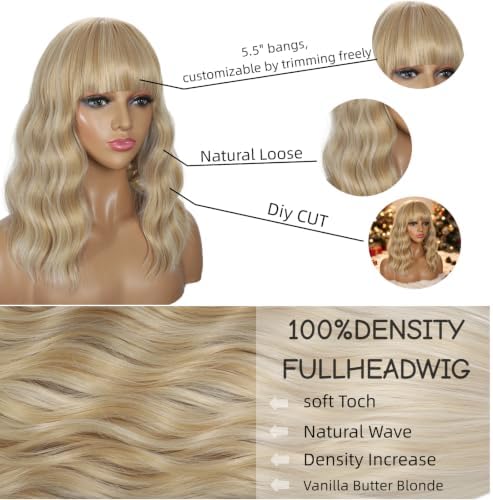 Sebast Pastel Bob Wigs with Bangs for Women Loose Wavy Wig Pastel Wavy Shoulder Length Bob Synthetic Cosplay Wig for Girl Colorful Costume Wigs (Vanilla Butter Blonde) - Image 5