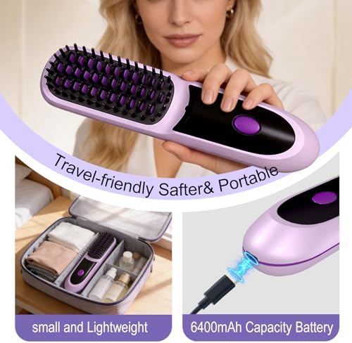 Go Brush Pro for Short Hair 2026, Portable Straightener Brushs for Travel, with LCD Temperature Display, Fast Heating Cordless Mini Hair Brushs(Purple) - Image 5