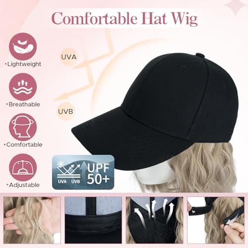 SEGO Baseball Cap with Hair Extensions for Women Heat Resistant Synthetic 8" Adjustable Long Curly Hairpiece Replacement Wigs in Black Hat for Girls 16P613 Ash Blonde Mix Bleach Blonde - Image 2