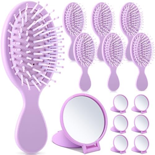 Meanplan 12 Pcs Mini Hair Brush Set Travel Wet Dry Hair Combs Pocket Detangling Compact Folding Makeup Mirrors for Spa Sleepover Birthday Bridal Shower Bachelorette Christmas Party Gift(Purple) by Meanplan