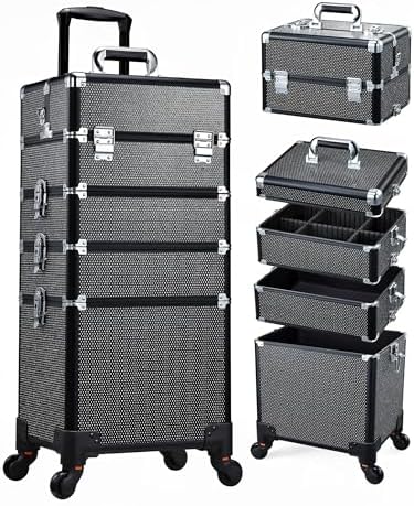 Costravio 5 in 1 Rolling Makeup Case on Wheels Large Cosmetology Case Organizer Beauty Cosmetic Train Case Travel Nail Cart for Make-up Studio Hair Salon, Black Glitter by Costravio