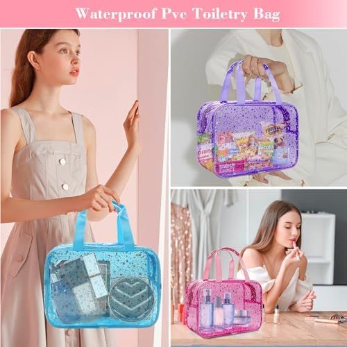 Clear Purple Star Large Makeup Bag with Star Pattern 12x5x8 inch, Travel Cosmetic Bag with Handle, Durable PVC Material Washbag Zipper Opening Design for Makeup Travel Organizer or Gym Use - Image 5