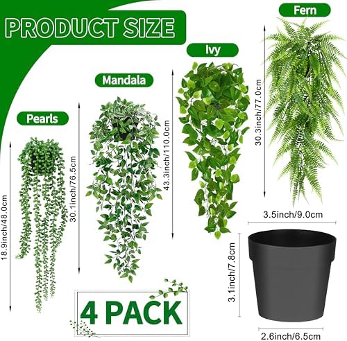 Palonu Artificial Hanging Plants for Shelf, 4 Pack Fake Potted Greenery Plant Faux Mandala Vine, String of Pearls, Ivy Vine,Persian Grass Fern in Pot for Desk Home Bathroom Farmhouse Room Table Decor - Image 2