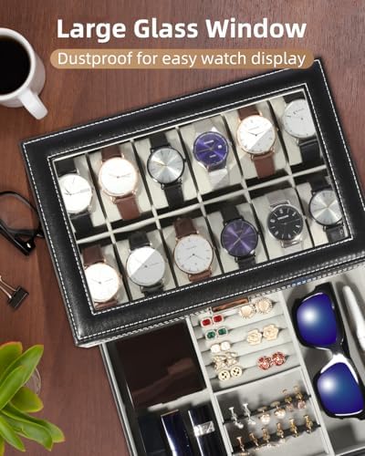 Uten Watch Box 12 Slots, PU Leather Watch Display Case with Jewelry Drawer - Image 4