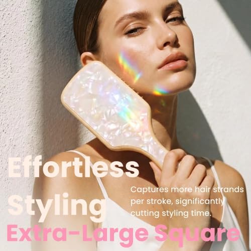 Bamboo Hair Brush with Double-Sided Marble Acetate (Pearl White) - Image 3