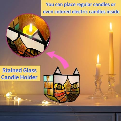 Tiffany Style Stained Glass Cat Flower Pots with Drainage,Funny Blue Cat Planter,Cute Garden Pots,Flower Pots for Indoor Plants,Gifts for Plant Lovers,4.6x3x5.15 in - Image 5
