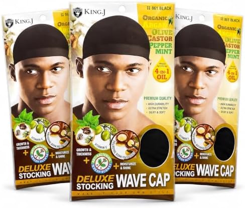 Healthy Treated Wave Deluxe Stocking Wave Cap Black (3 Pack) by Qfitt