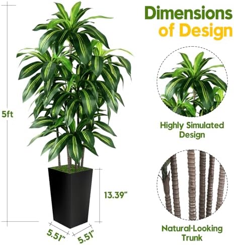 Artificial Dracaena Tree Indoor, 5FT Tall Fake Tree with Black Tall Planter - Image 4
