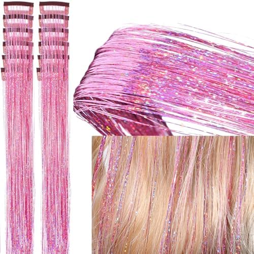 Clip in Hair Tinsel 12 Pcs Hair Tinsel Kit for Girls 22 Inch Glitter Colorful Heat Resistant Party Festival Hair Accessories for Women Kids(Pink) - Image 2