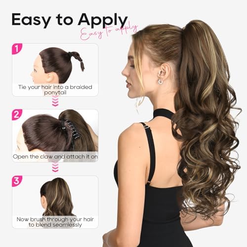 REECHO Ponytail Extension, 24" Claw Clip in Ponytail Extension Long Curly Wavy Ponytail Hair Extension Jaw Clip on Pony Tails Hairpiece for Women - Black Brown - Image 6