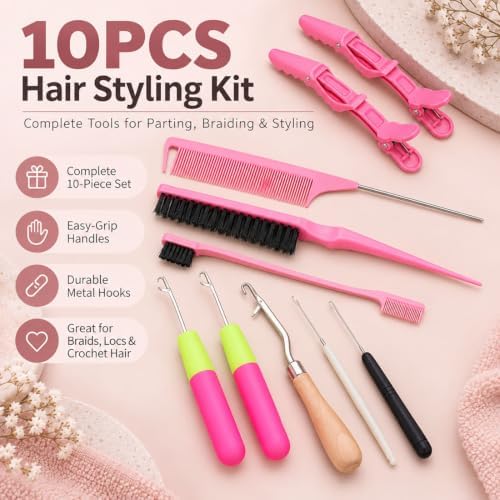 Hair Braiding Tool Kit,10-Piece Hooks,Brushes and Combs - Image 2