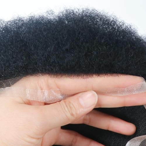 Afro Curly Toupee Men's Wigs for Black African American Male Hair Unit Black 4MM Curly Afro Mans Weave Hairpiece1# Jet Black Invisible HD Swiss Lace Replacement Systems 8x10 Real Human Hair - Image 4