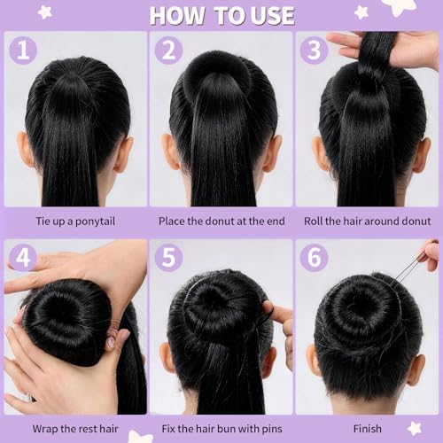 FANDAMEI 6 PCS Hair Bun Makers for Kids, 10 Invisible Bun Nets for Ballet Girls, 3PCS Extra Small 3PCS Small Donut Buns for Hair Kids, Bun Makers Hair Nets for Buns with 5 Elastics 20 Pins (Black) - Image 6