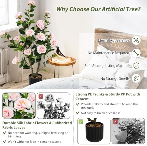Goplus 38’’ Artificial Camellia Tree, Flower Plants Artificial Tree - Image 5