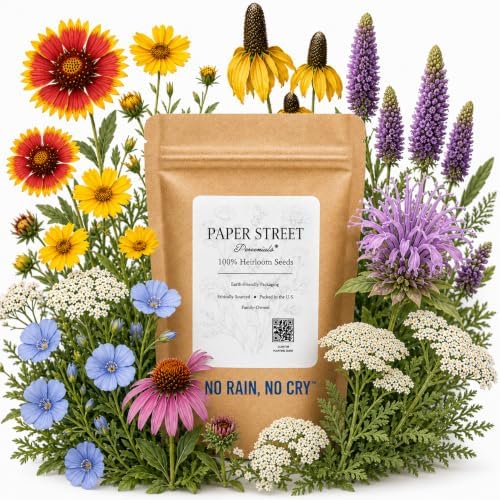 Drought Tolerant Wildflower Seeds – No Rain, No Cry™ – 8-Species Low-Water Flower Mix for Hot, Dry & Sunny Gardens – 4 oz Covers Up to 800 Sq Ft – Paper Street Perennials® by PaperStreetPerennials