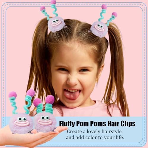 MIUPOO Fluffy Pom Poms Hair Clips,Crazy Hair Day Accessories for Girls,Quirky Little Monster Barrettes,Plush Duckbill Hairpins Hair Barrettes,Party Modeling Hair Accessories,2 Pieces (Pink) - Image 2