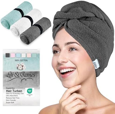 Lili&James 100% Cotton Hair Towel Wrap for Women & Kids – 420 GSM Quick Dry Hair Turban with Double Button Loop, Anti Frizz Non Microfiber Hair Drying Towel for Long & Thick Hair (White+Grey+Aqua) by LiliJames