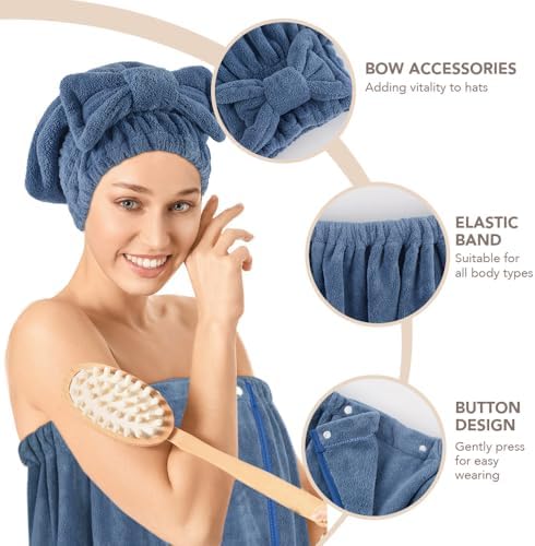SUNLAND Microfiber Women Bath Towel Wrap & Hair Drying Towel 32x60In Dblue - Image 3
