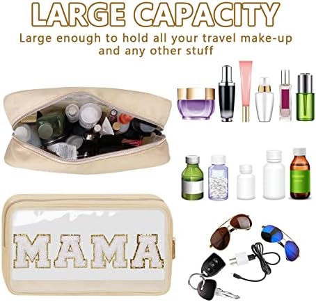 Iqimott Clear Patch Makeup Bag Mama Pouch, Preppy Personalized Chenille Letter Cosmetic Pouch for Travel, Nylon Waterproof Travel Essentials Zipper Toiletry Bags for Women Girls(MAMA, Beige) - Image 4