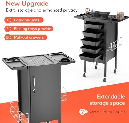 TASALON Upgraded Lockable 5-Tray Metal Salon Cart with 2 Holders & Baskets - Image 4