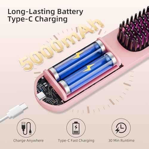 Cordless Hair Straightener Brush Portable Wireless Ceramic Hot Brush for Women USB-C Rechargeable Travel Straightener Negative Ion Anti-Frizz Fast Heating 4 Temperature Settings Auto Shut-Off (Pink) - Image 6