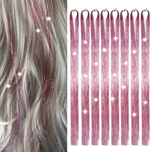 Hair Tinsel 8 Packs 1600 Strands 50 Inch Tinsel Hair Extensions Rouge Pink Heat Resistant Glitter Sparkling Shinny Fairy Hair Accessories for Women(Rouge Pink, 50Inch) by Sala