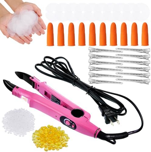 Lothee K Tip Hair Extensions Kit with Heat Iron Finger Protector, Pink by Lothee