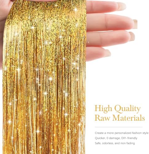 Hair Tinsel 8 Packs 1600 Strands 50 Inch Tinsel Hair Extensions Gold Heat Resistant Glitter Sparkling Shinny Fairy Hair Accessories for Women(Gold, 50Inch) - Image 2