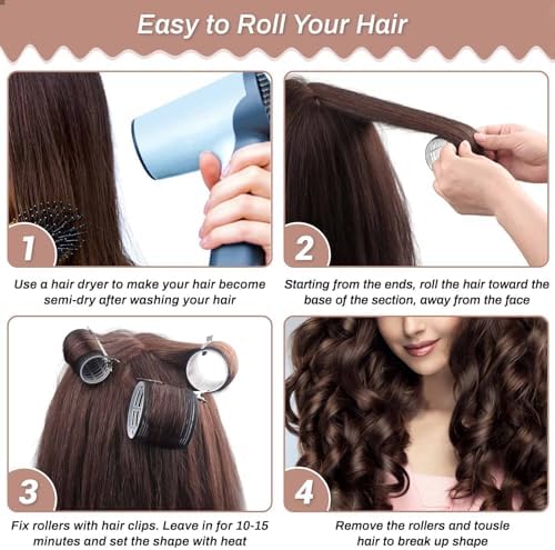 Self Grip Hair Rollers Curlers 16 Pcs Set with 8Pcs Hair Rollers 2 Sizes (4 Jumbo & 4 Large) and 8 Pcs Hair Clips for Long Medium Short Thick Fine Thin Hair Volume (Black) - Image 6