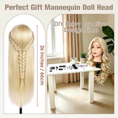 90% Human Hair Mannequin Head,26''Beige Blonde Real Hair Mannequin Head,Cosmetology Manikin Head Doll Hair Styling Hairdressing Practice Training Wig Head with Clamp Holder and Tools - Image 7
