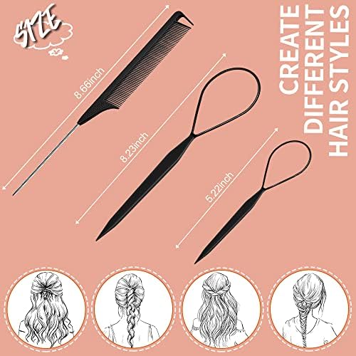 TsMADDTs 3Pack Hair Styling Tools Set with French Braid Loop, Rat Tail Comb, and Metal Pin Tail Braiding Comb, Black - Image 2
