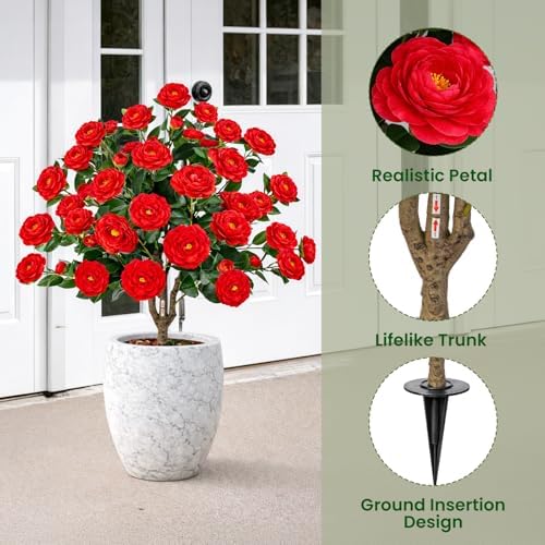3FT Artificial Camellia Tree with Ground Spike, Full Bloom Fake Camellia Plant Outdoor, Dense Flower Artificial Trees for Front Porch Decor, Patio Garden Yard Decorations,Red,2 Pack - Image 6