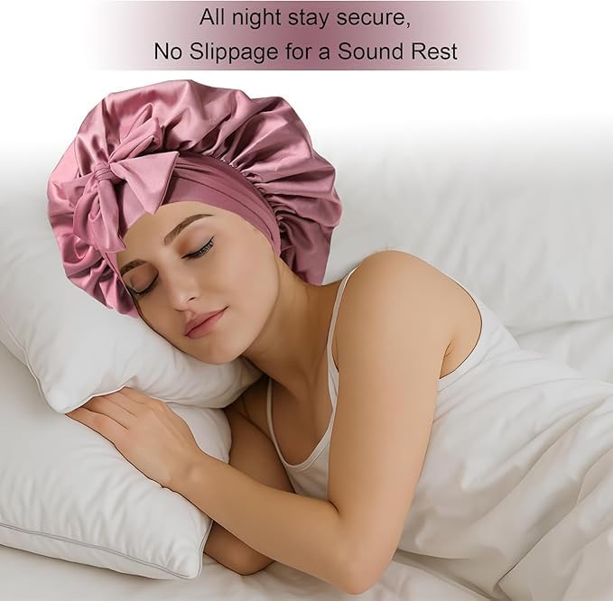 2PCS Silk Bonnet for Women, Satin Bonnet for Sleeping, Large Sleep Cap with Elastic Tie Band for Curly Hair (Bean Paste Pink+Black) - Image 4