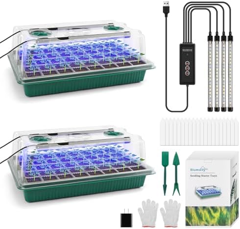 BlumWay Seed Starter Tray with Grow Light, Humidity Dome, 2 Pack 80 Cells by BlumWay
