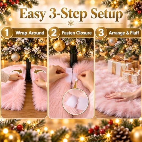 59 Inch Pink Christmas Tree Skirt, Soft Faux Wool Round Base Cover - Image 3
