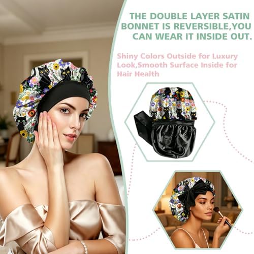 Satin Hair Braid Bonnet for Sleeping Double Layer Tie Band Elastic Wide Soft Silk Lined Nightcap Women Girls Cute - Image 6