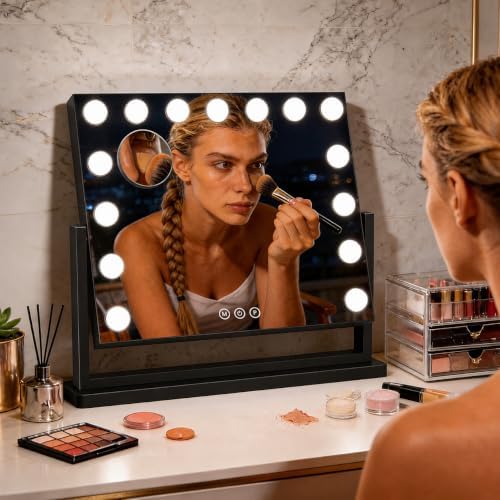 Vanity Mirror with Lights, 23"×19" Hollywood Makeup Mirror with 15 Dimmable Bulbs, 3-Color Lighting, Dimmable, 360° Rotation, 10x Magnification, Desk Mirror, Bedroom (Black) - Image 7