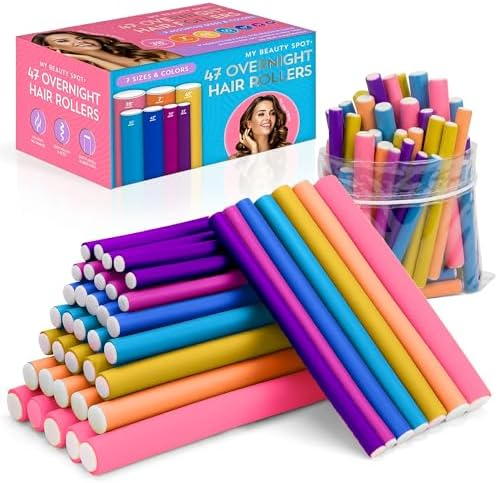 My Beauty Spot Flexi Rods Foam Hair Rollers 3/4" 5/8" and 1" Diameter Professional Salon Quality 47 Pcs Rubber Hair Rollers for Long, Medium and Short Hair (Rainbow) by My+Beauty+Spot