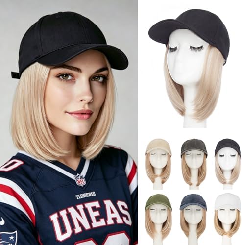 Rich Choices Hat Wigs for Women,Black Baseball Cap with Hair Extensions for Women,Short Bob Hairstyle Caps with Hair Attached Adjustable Baseball Cap Wig 6 Inch-Light Blonde with Ash Highlights by RichChoices