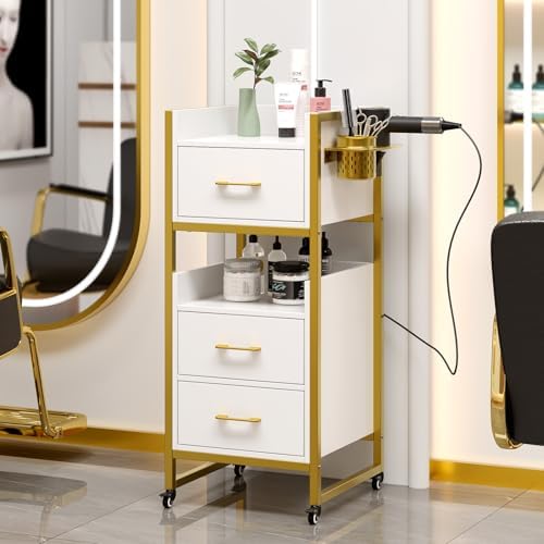 OmySalon Salon Trolley Cart, Hair Styling Station with 3 Drawers, 2 Open Shelf & Tool Holders, Mobile Barber Storage Cabinet Utility Trolley for Beauty Salon Spa,White - Image 2