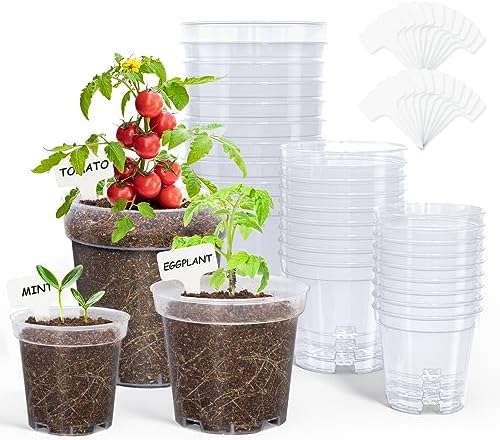 homenote 3/4/5 Inch Clear Nursery Pots with Drainage and 20 Labels (30 Pcs) by HOMENOTE