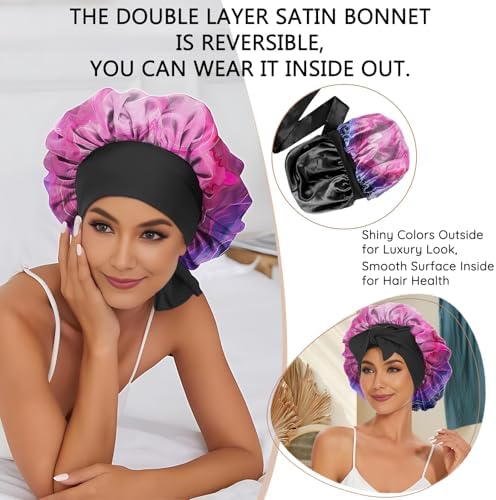 Satin Hair Braid Bonnet for Sleeping Double Layer Elastic Wide Soft Tie Band Hair Silk Lined Sleep Cap Women Girls - Image 6
