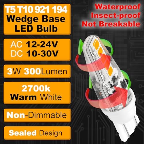 T10 Wedge Base Landscape T5 194 921 LED Bulb 2700K Warm White 3W, 8 Pack - Image 4