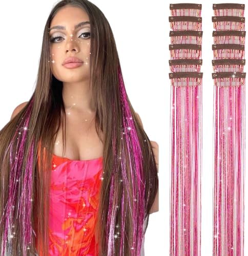 Hair Tinsel Pack of 12 Pcs Clip in Hair Tinsel 20 Inch Glitter Rose Red Tinsel Hair Extensions, Festival Tinsel Fairy Hair Extension Party Dazzle Hair Accessories Strands Kit (12Pcs,Rose Red#) by Umylar