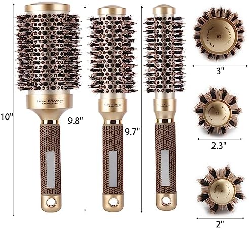 3 Pcs Boar Bristle Round Brush for Blow Drying, Nano Thermal Ceramic and Ionic Tech Hair Brush for Curling and Straightening - Large，Medium and Small Round Brushes - Image 2