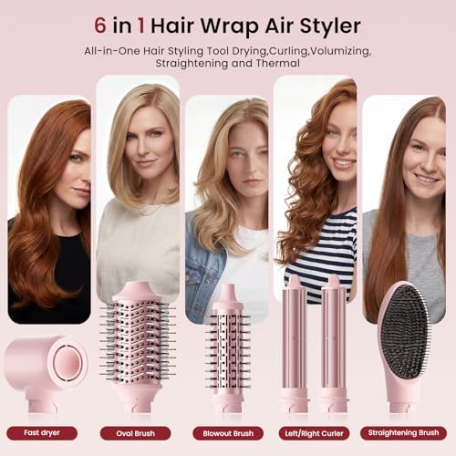 MESCOMB 6 in 1 Hot Air Styler Wrap, Professional Hair Styler with Thermal Round Brush for Blowouts, Fast Drying for Blow Dry, Curling, Volumizing, Straightening, Salon Results in Minutes (Light Pink) - Image 2